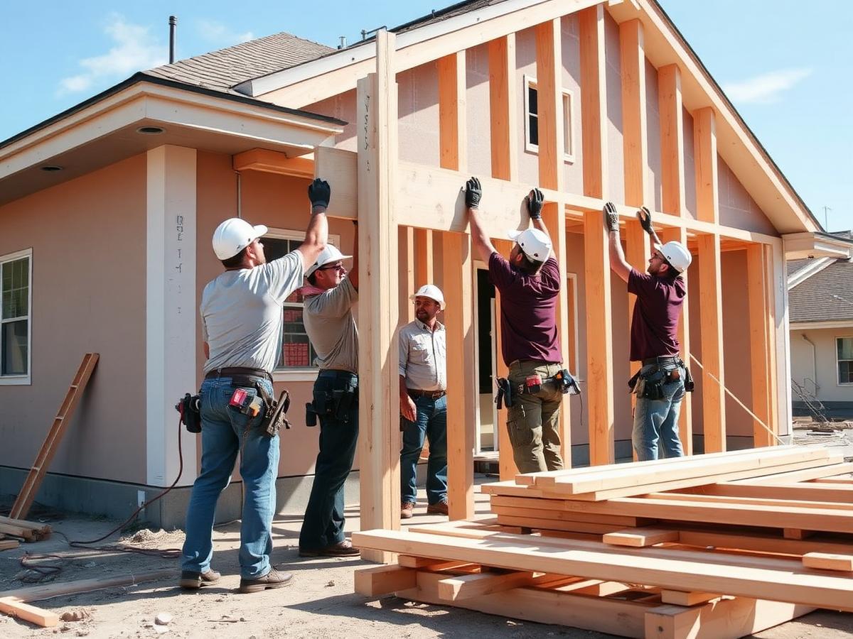 Framing carpenters raising a wall on a residential jobsite