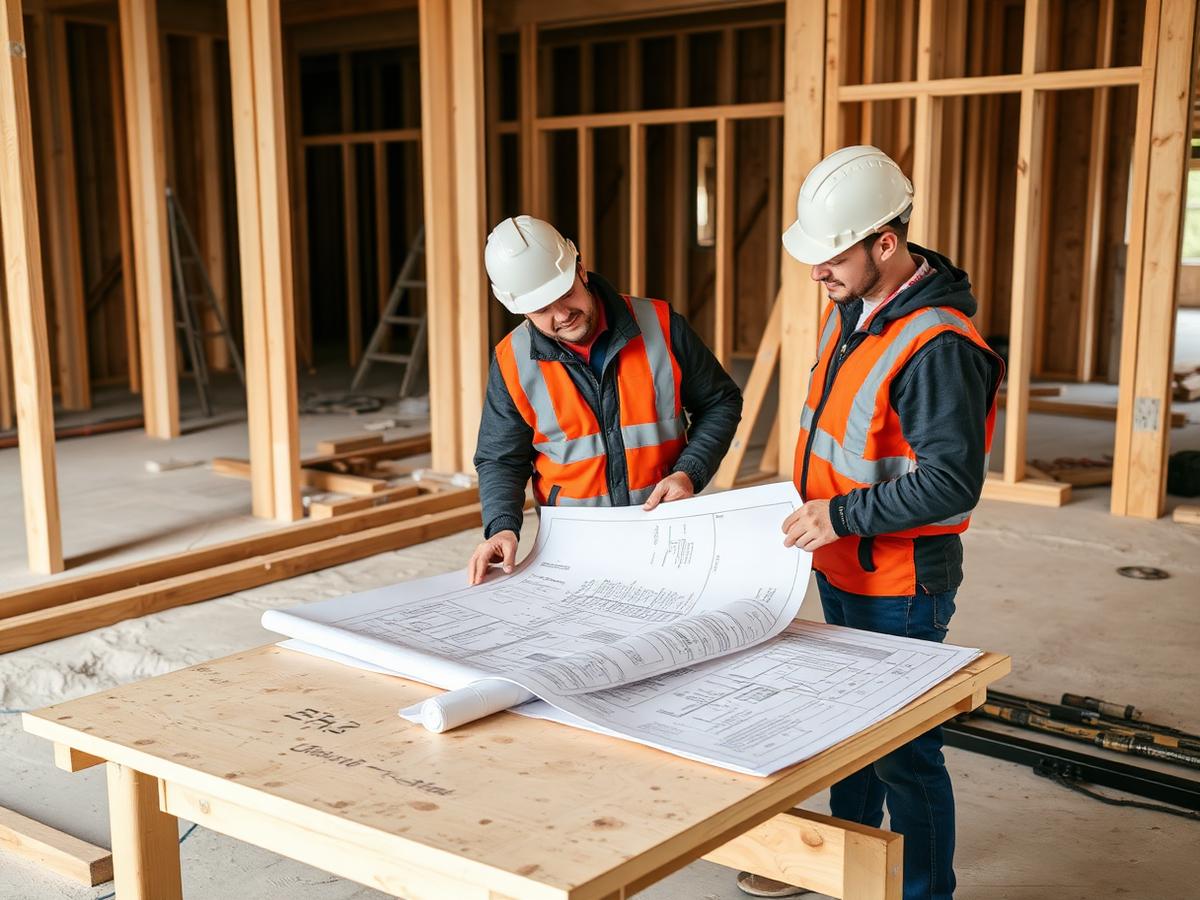 Crew reviewing plans at an active framing jobsite