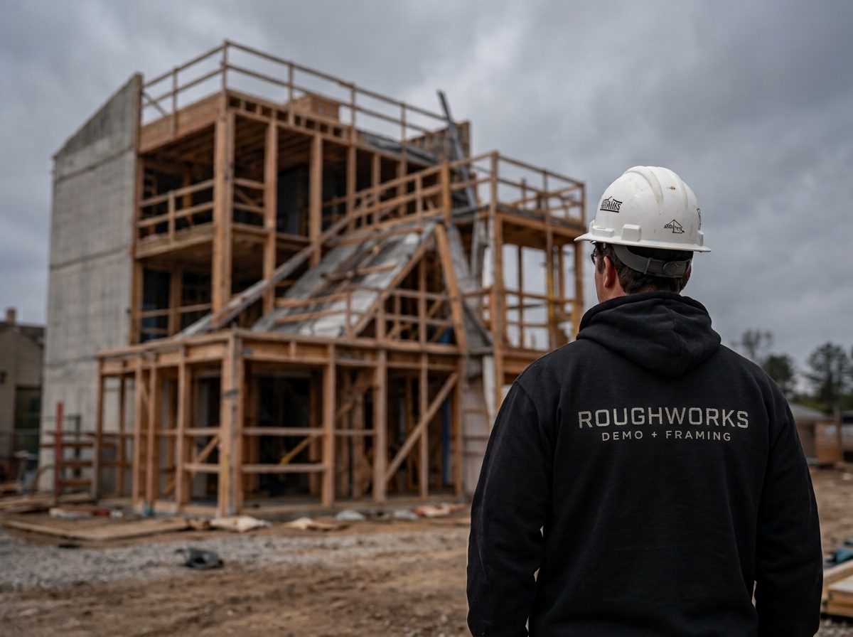 Roughworks crew member looking over a framed structure